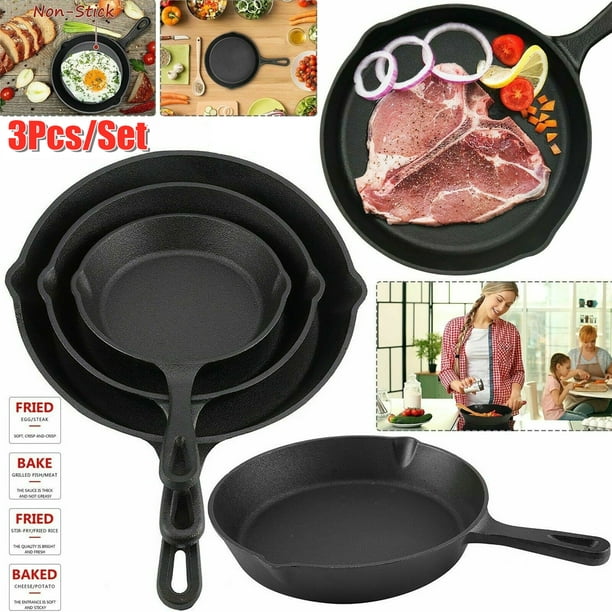 SET OF 3 CAST IRON SKILLET FRYING PAN COOKING FRYER POT GRILL FRY NON STICK BBQ
